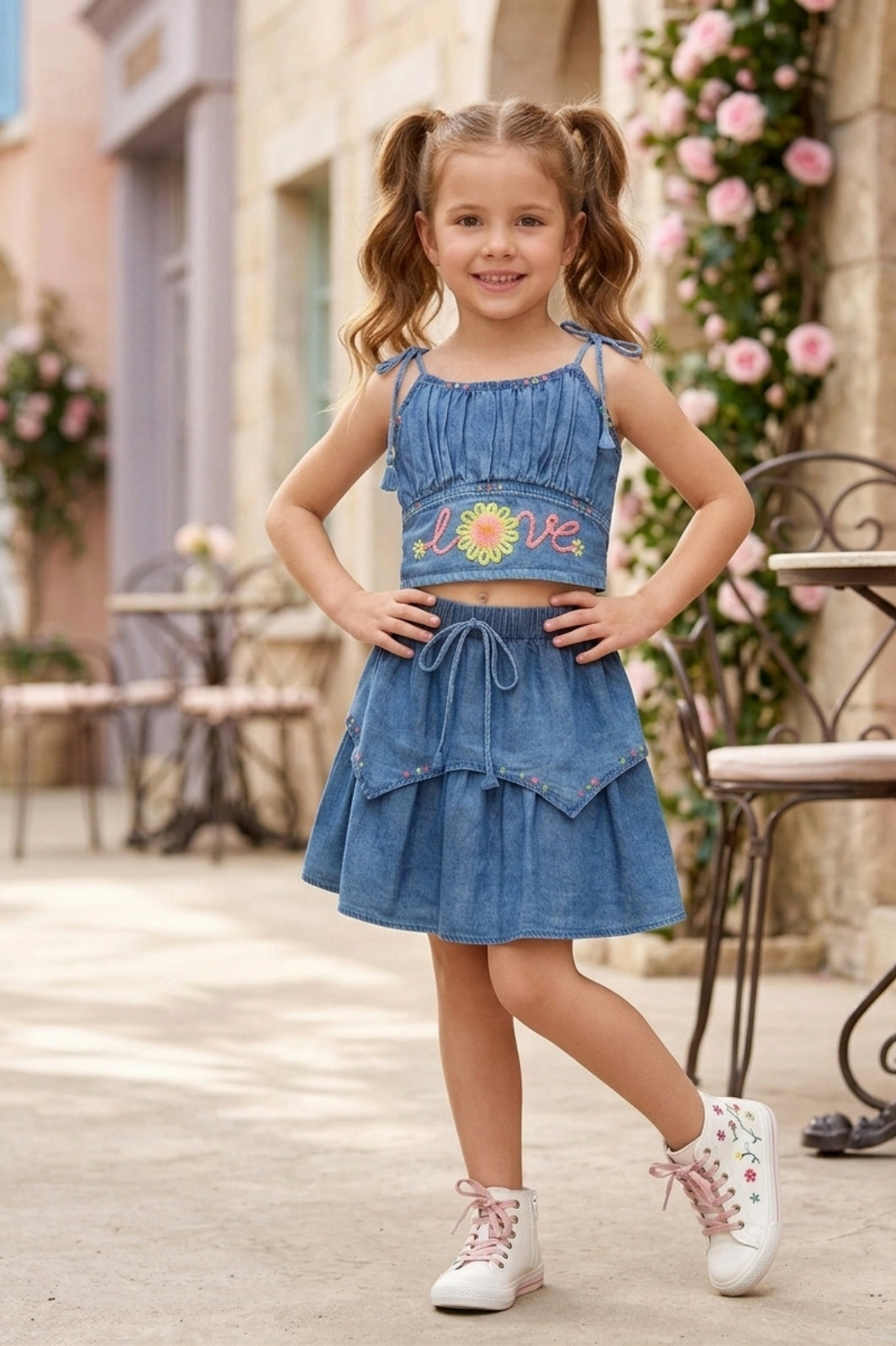 Embroidered Denim Co-ord Set for Girls - L.Blue