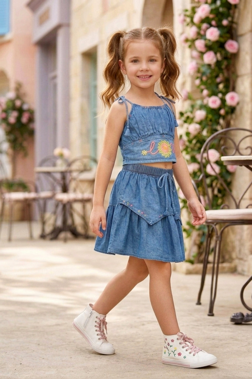 Embroidered Denim Co-ord Set for Girls - L.Blue