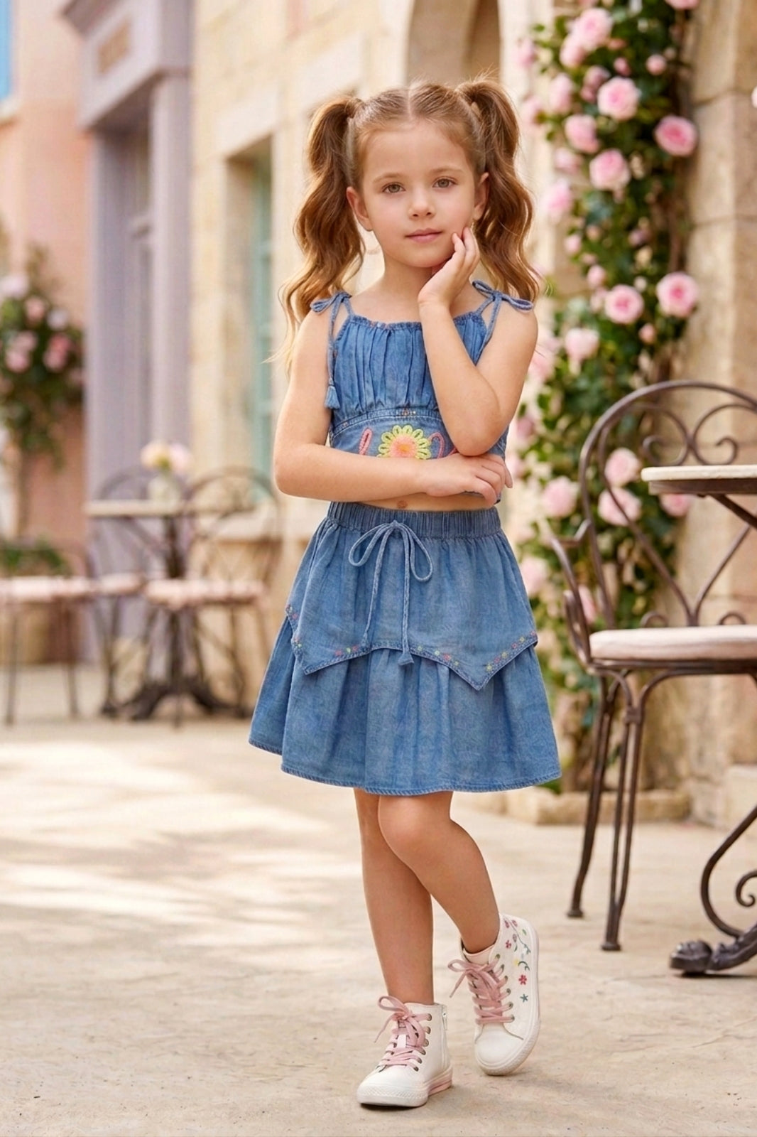 Embroidered Denim Co-ord Set for Girls - L.Blue