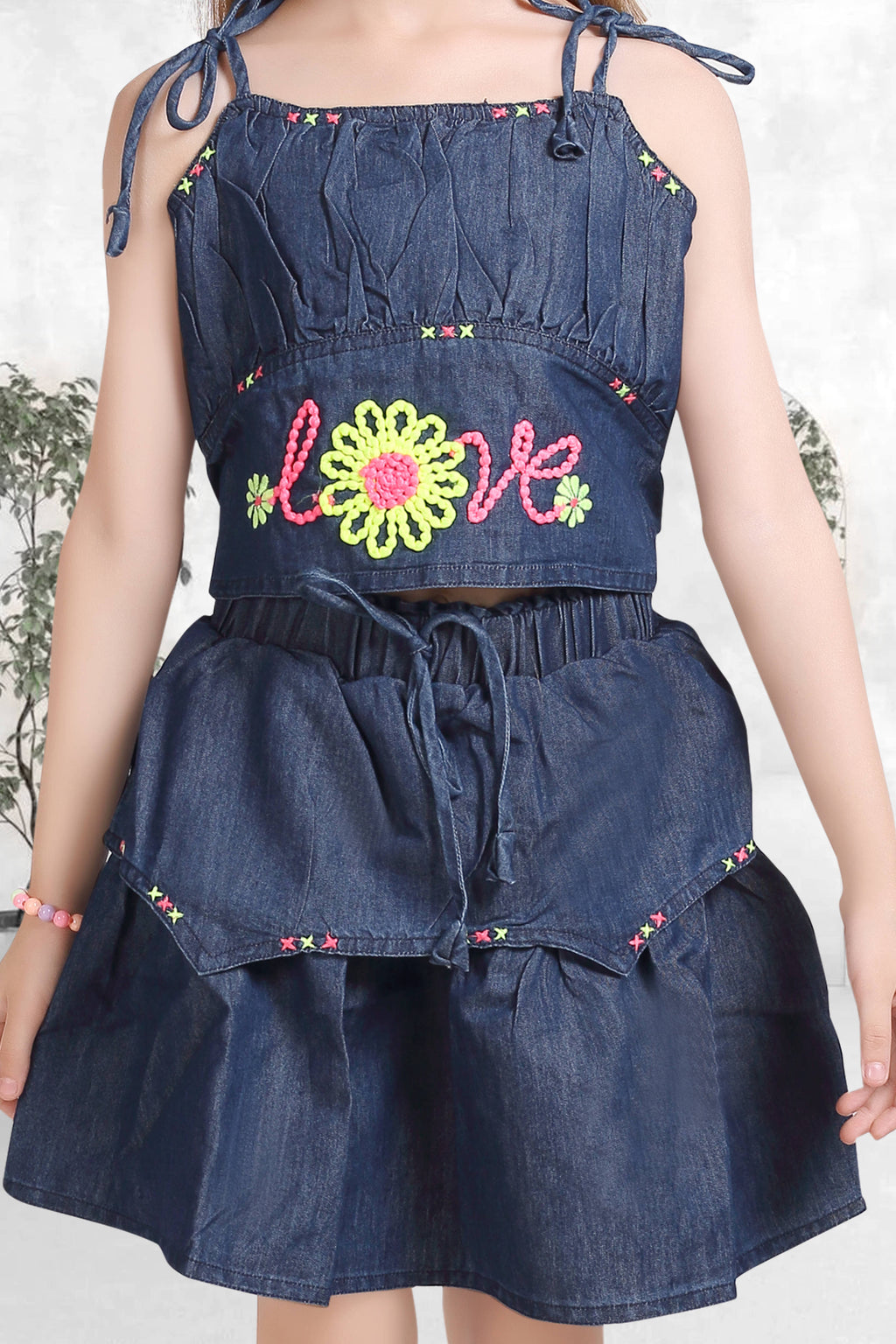 Embroidered Denim Co-ord Set for Girls - D.Blue