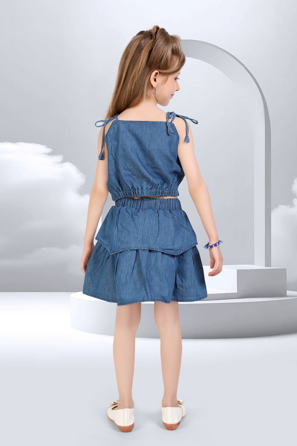 Embroidered Denim Co-ord Set for Girls - L.Blue