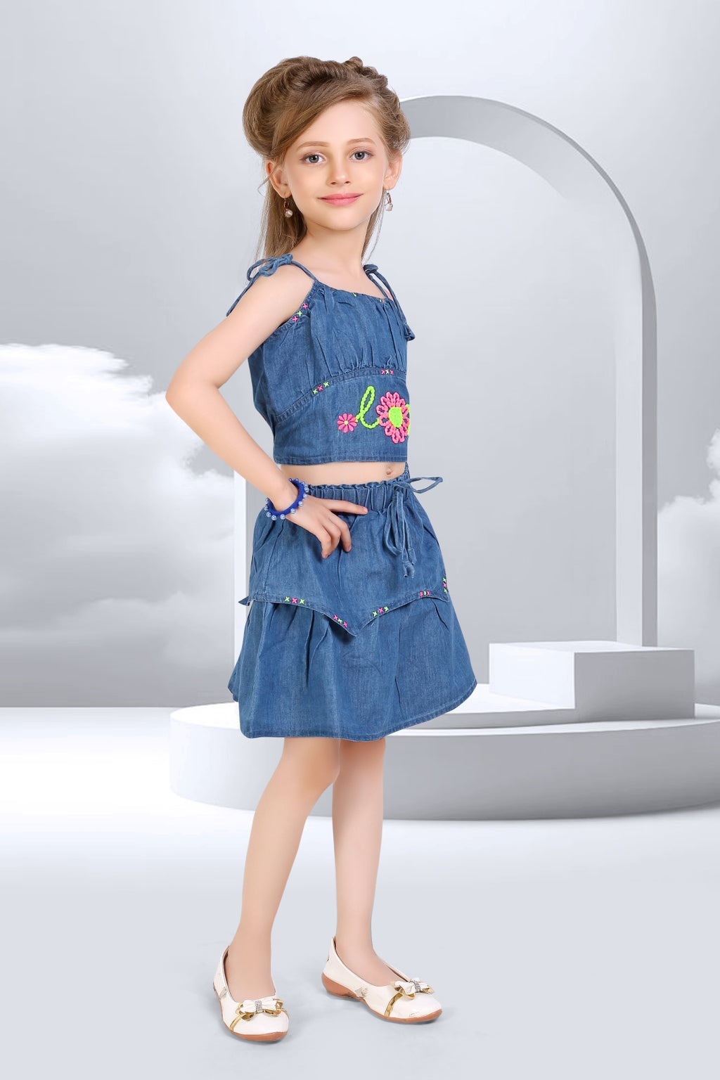 Embroidered Denim Co-ord Set for Girls - L.Blue