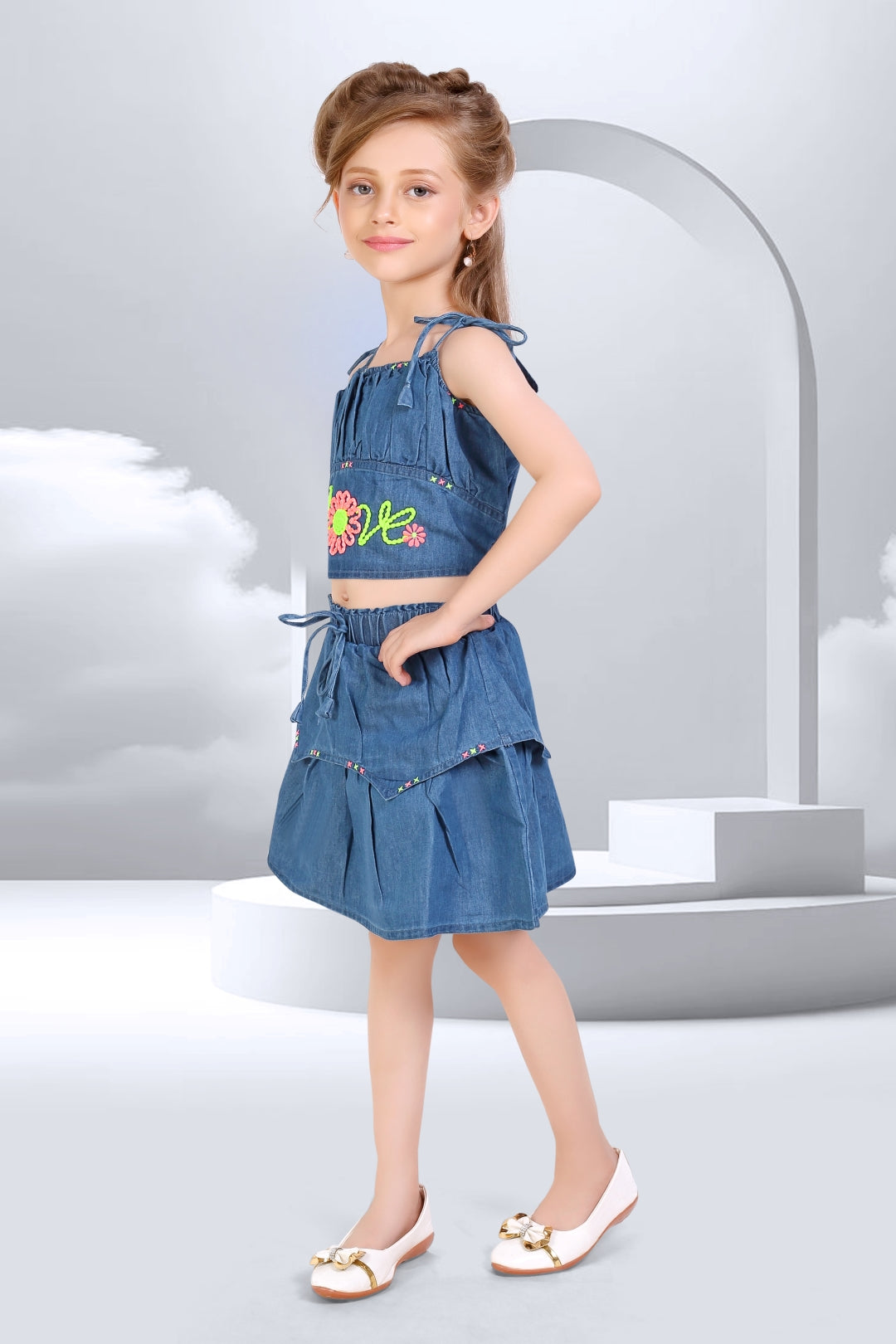 Embroidered Denim Co-ord Set for Girls - L.Blue