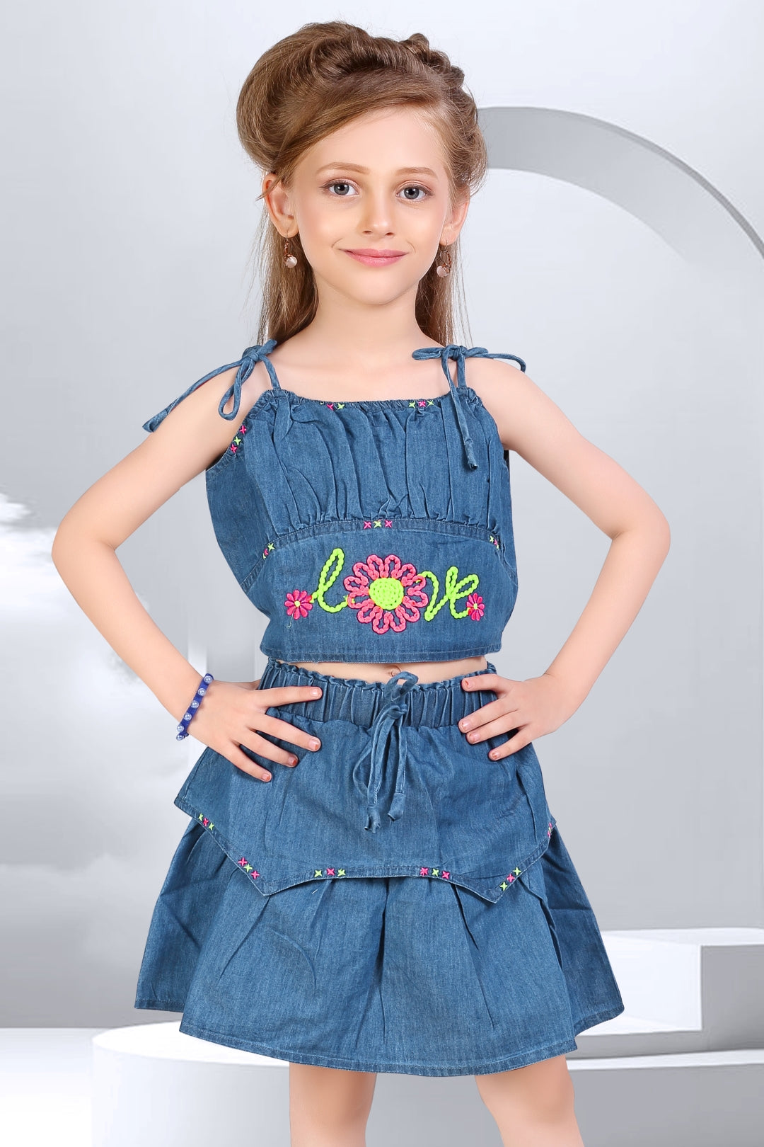 Embroidered Denim Co-ord Set for Girls - L.Blue