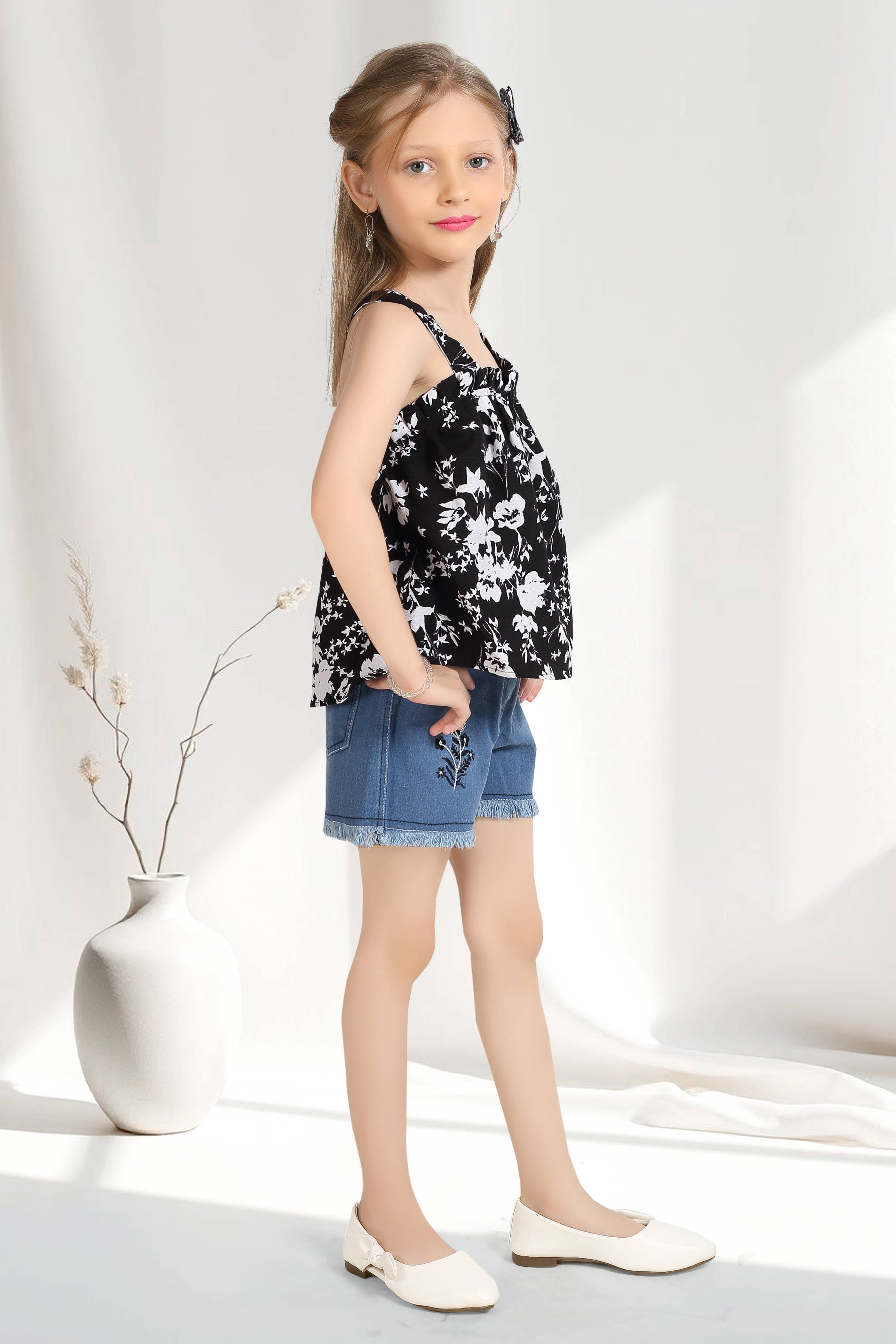 Girls Black Floral Printed Top & Denim Shorts Set
