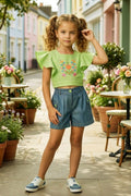 Girls Green Floral Embroidery Top & Denim Shorts Set