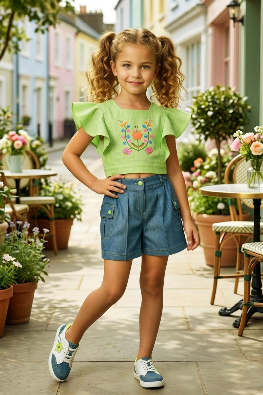 Girls Green Floral Embroidery Top & Denim Shorts Set