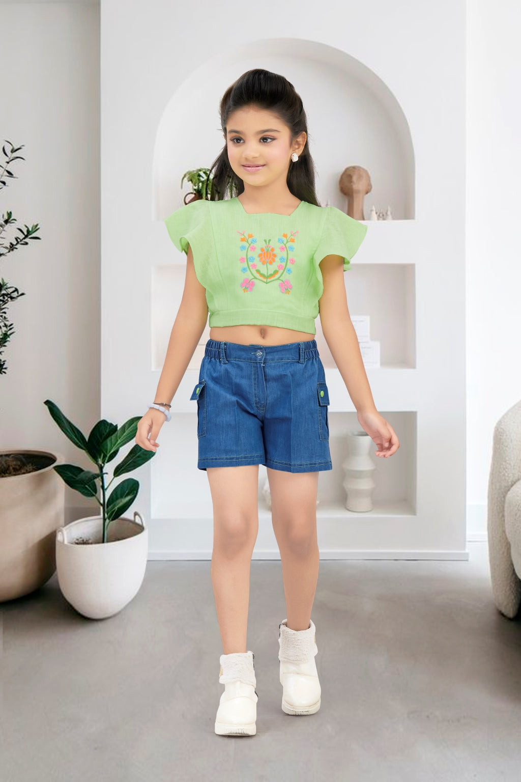 Girls Green Floral Embroidery Top & Denim Shorts Set