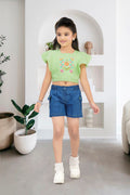 Girls Green Floral Embroidery Top & Denim Shorts Set