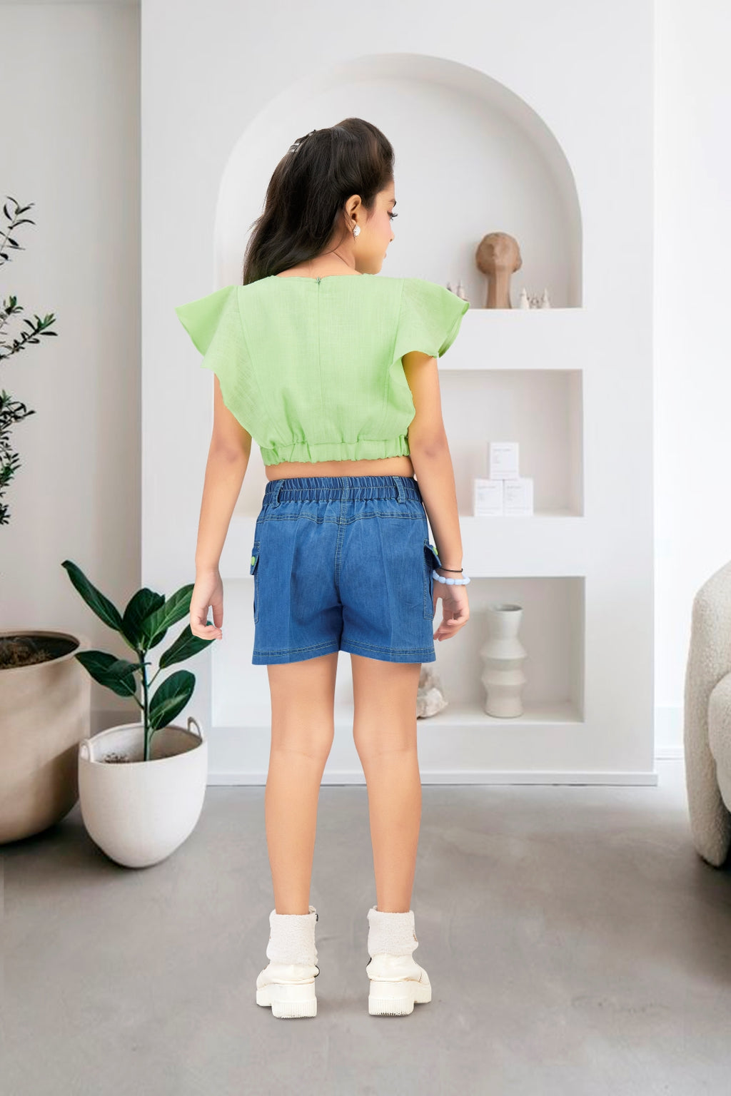 Girls Green Floral Embroidery Top & Denim Shorts Set