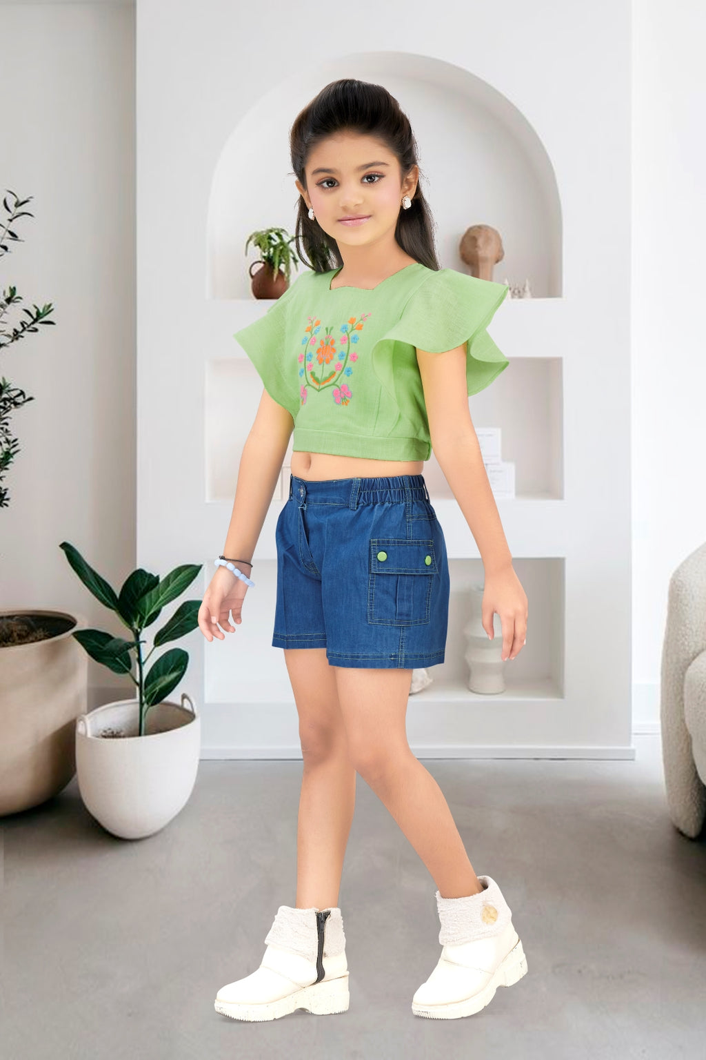 Girls Green Floral Embroidery Top & Denim Shorts Set