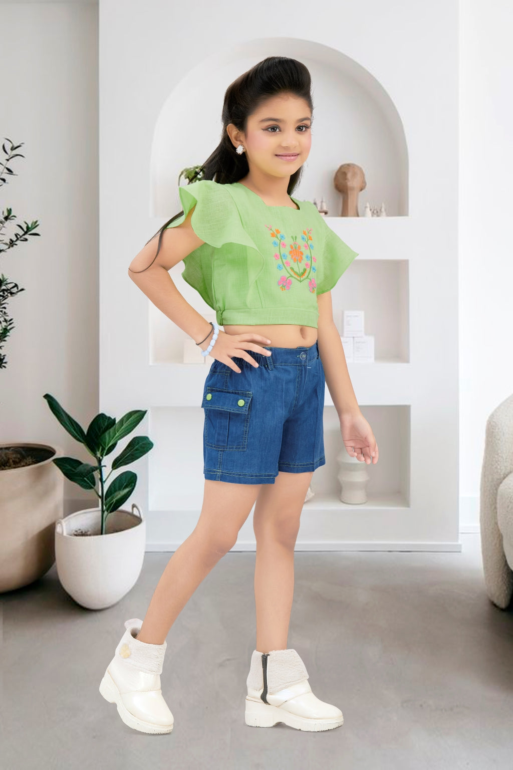Girls Green Floral Embroidery Top & Denim Shorts Set