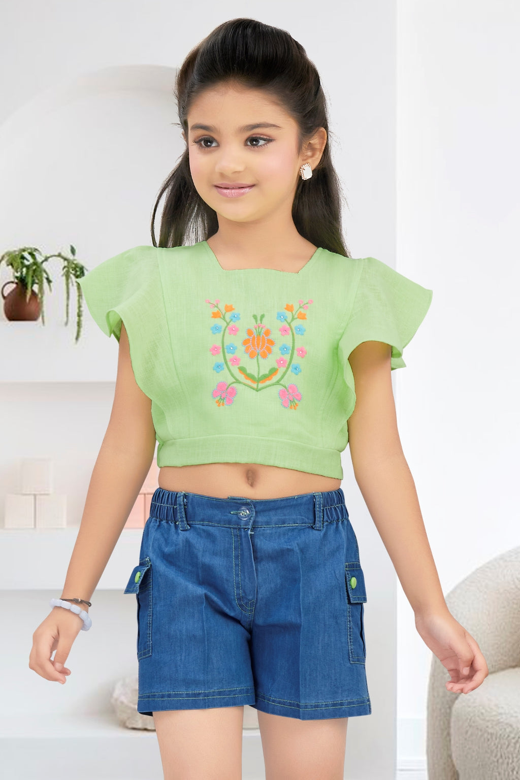 Girls Green Floral Embroidery Top & Denim Shorts Set