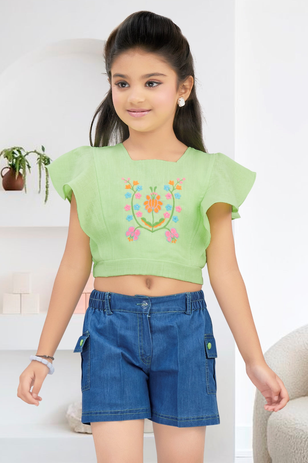 Girls Green Floral Embroidery Top & Denim Shorts Set