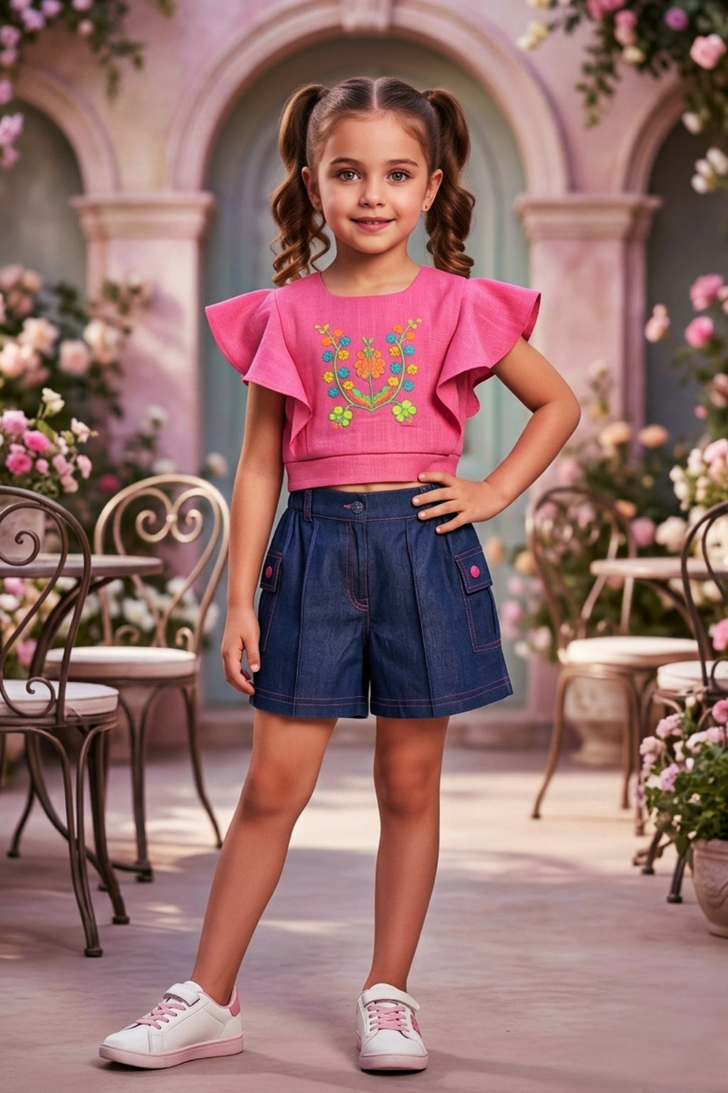 Girls Pink Floral Embroidery Top & Denim Shorts Set