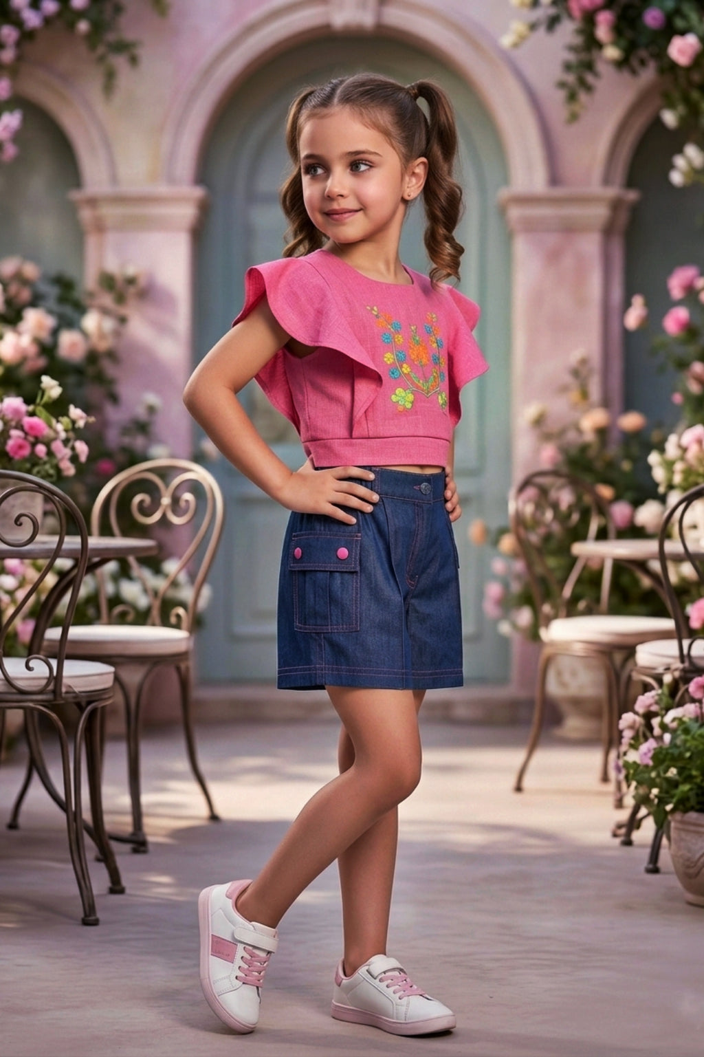 Girls Pink Floral Embroidery Top & Denim Shorts Set