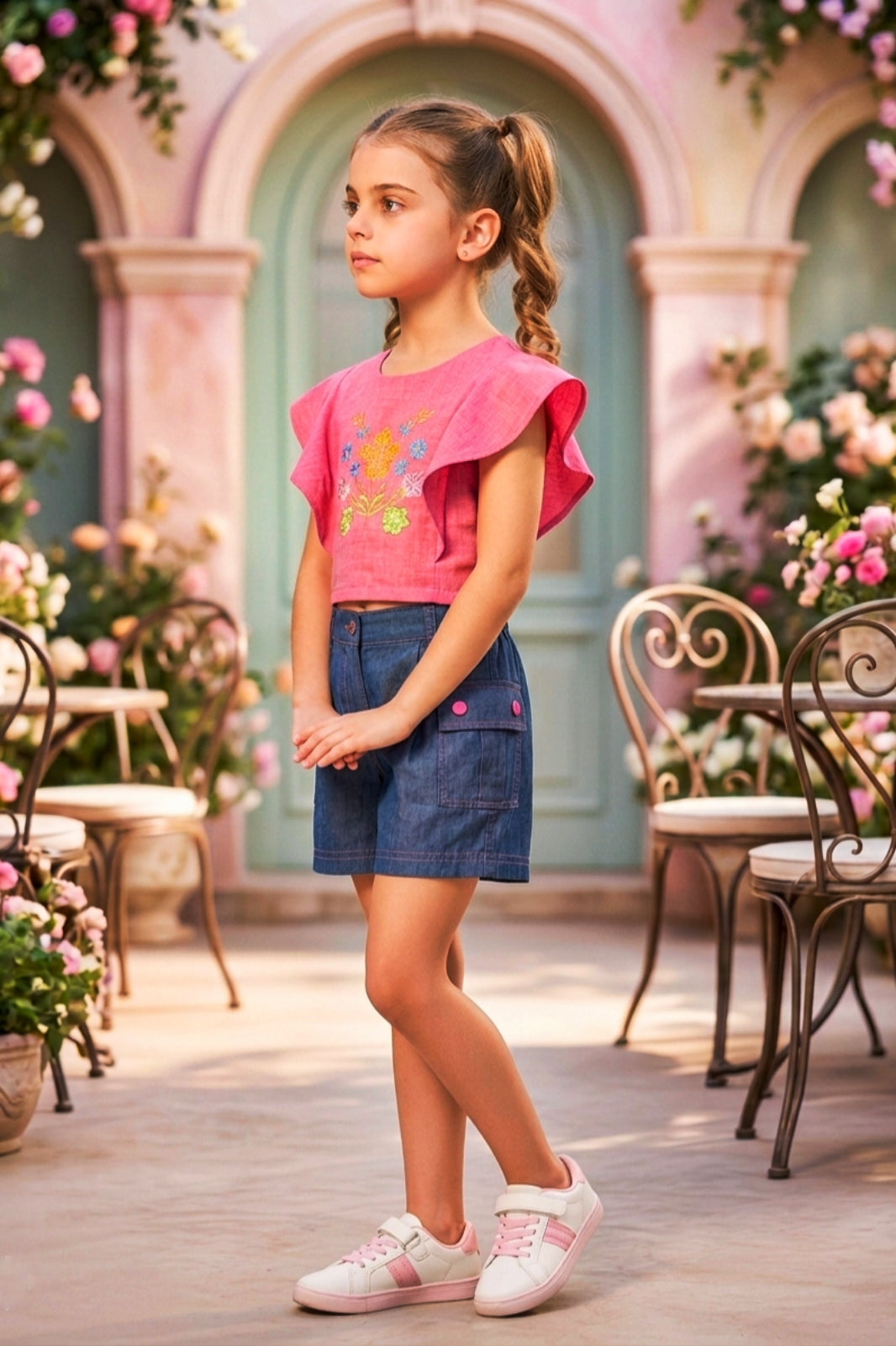Girls Pink Floral Embroidery Top & Denim Shorts Set