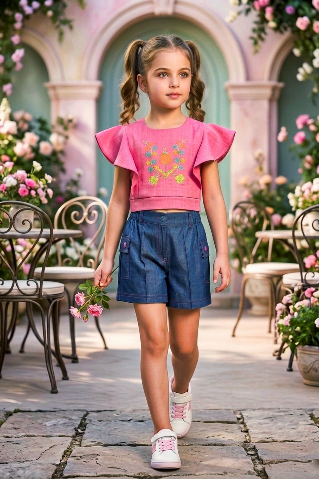 Girls Pink Floral Embroidery Top & Denim Shorts Set