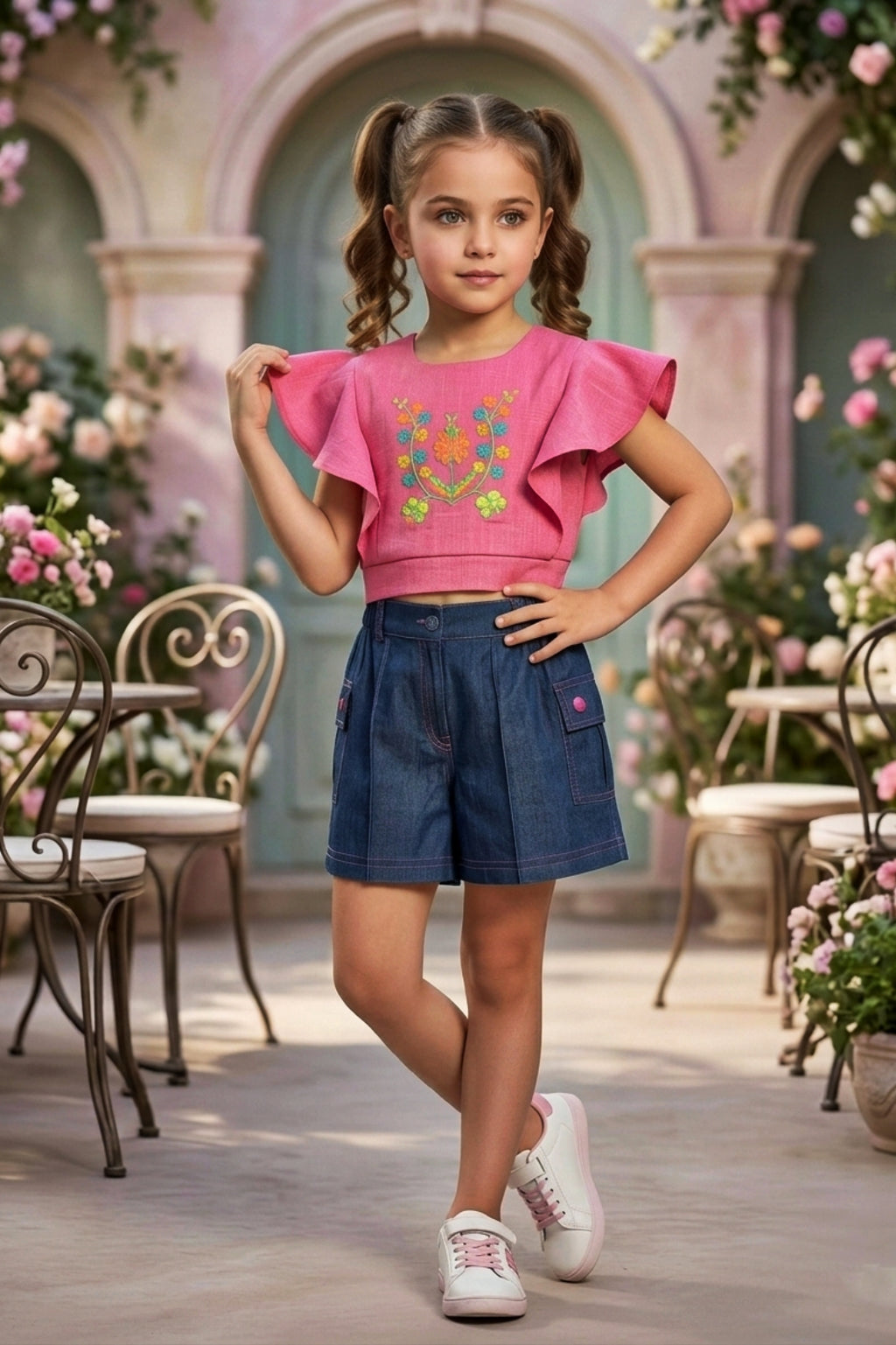 Girls Pink Floral Embroidery Top & Denim Shorts Set