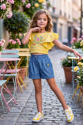 Girls Yellow Floral Embroidery Top & Denim Shorts Set