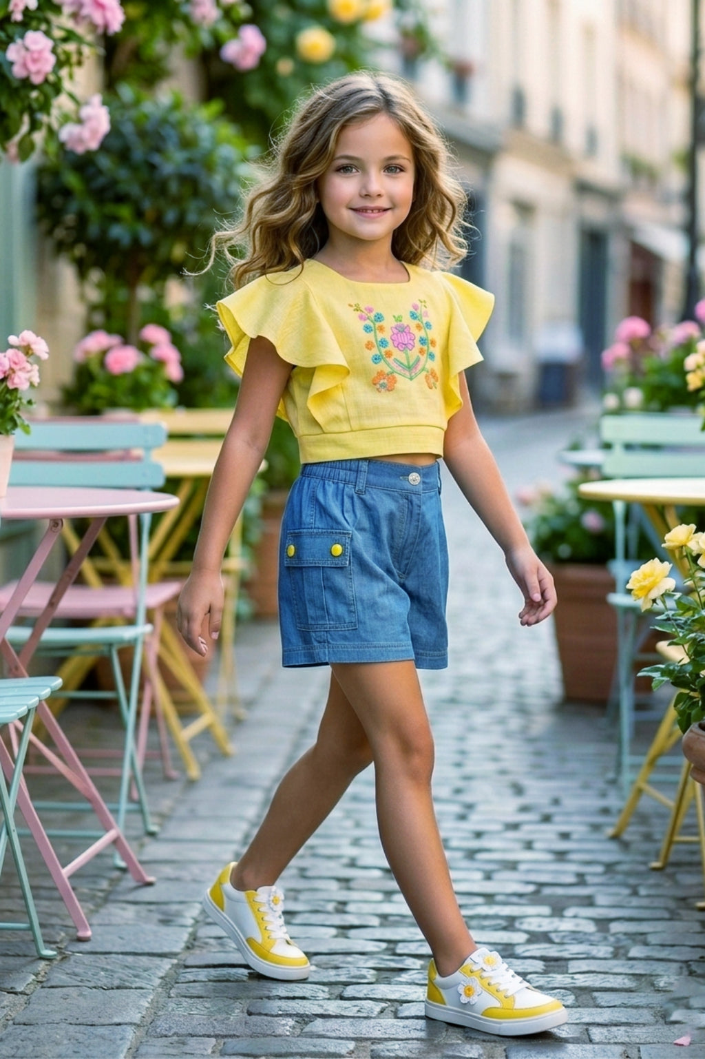 Girls Yellow Floral Embroidery Top & Denim Shorts Set