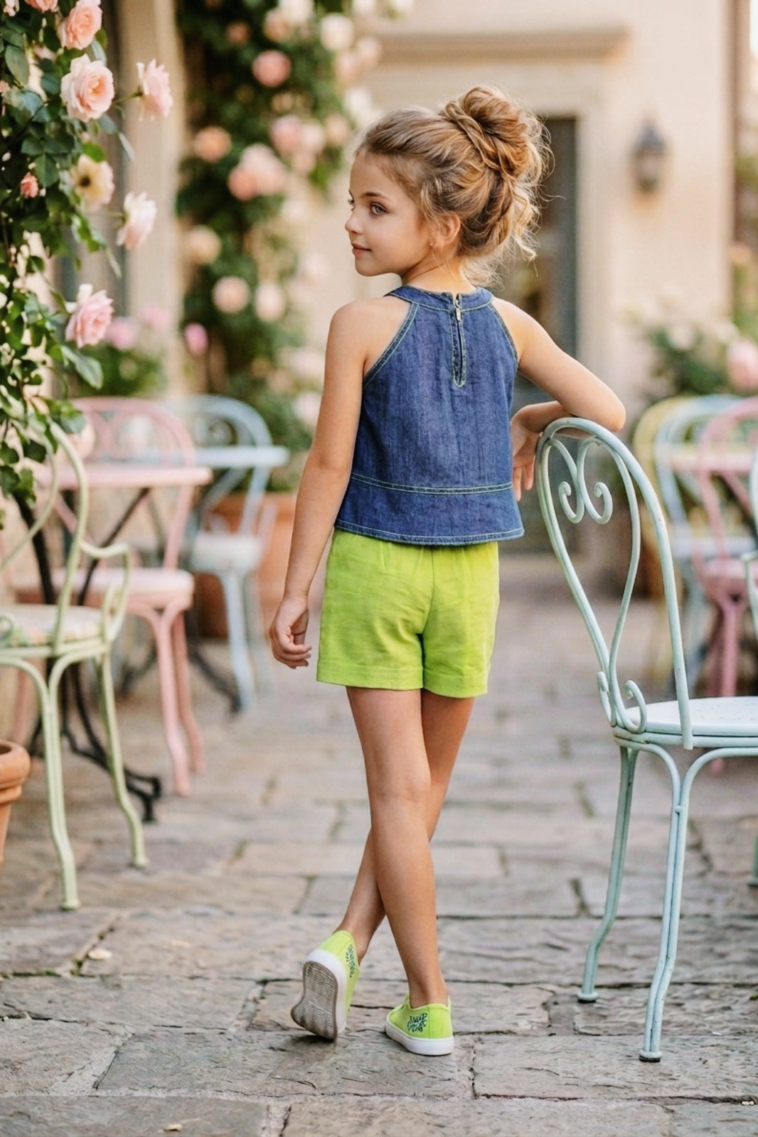 Girls Sleevelss Denim Top & Green Shorts Set
