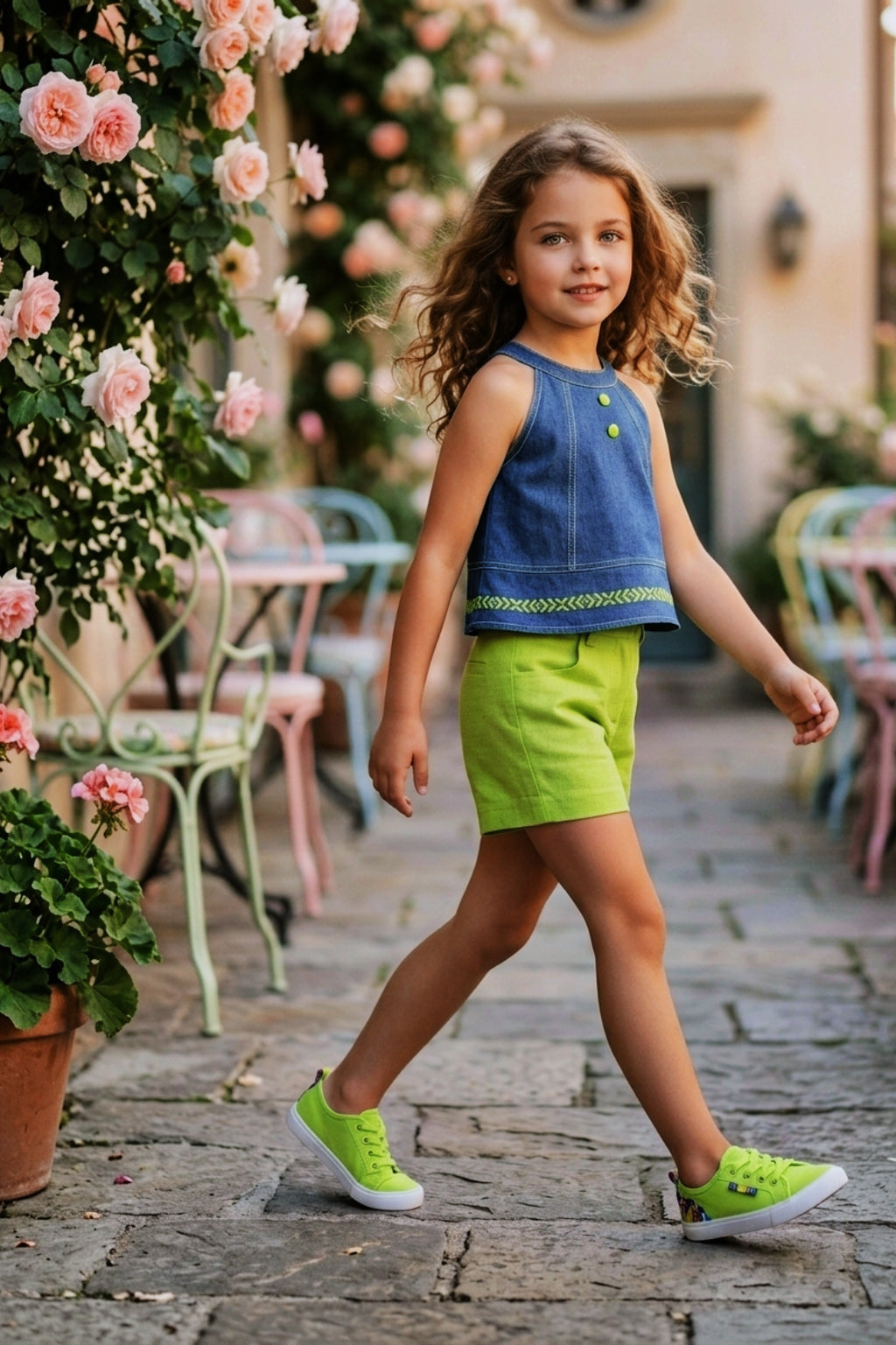 Girls Sleevelss Denim Top & Green Shorts Set