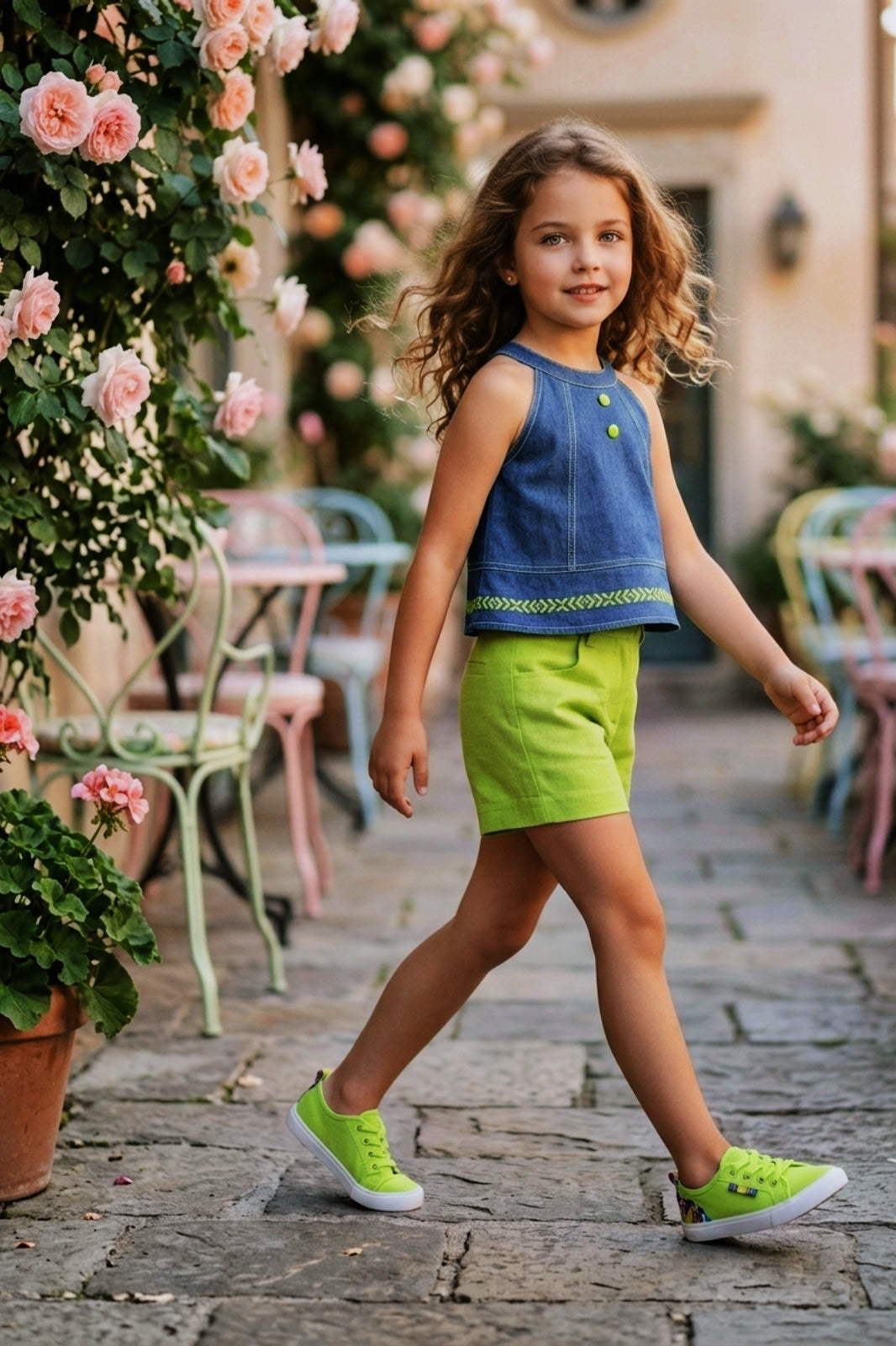 Girls Sleevelss Denim Top & Green Shorts Set