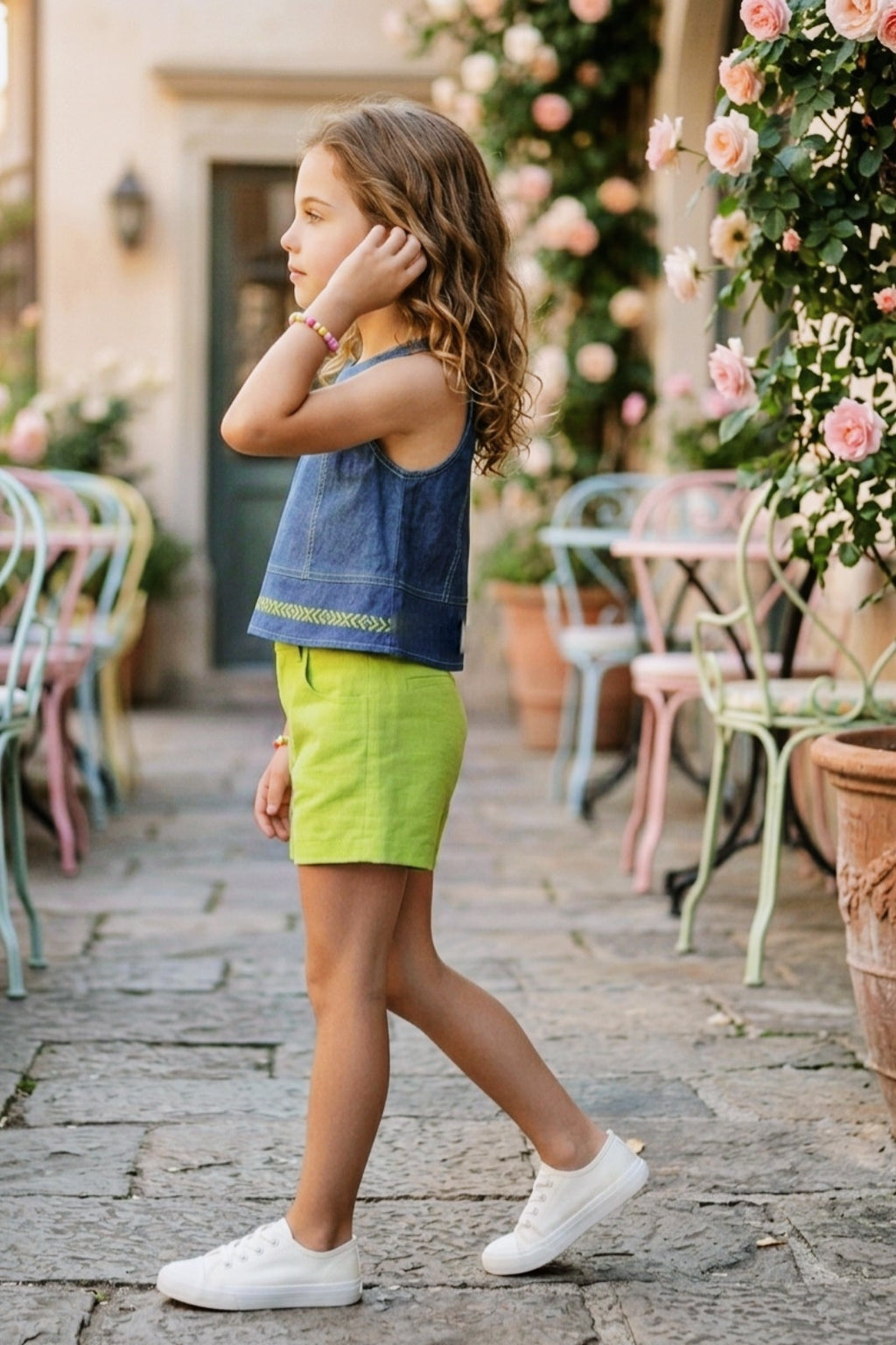 Girls Sleevelss Denim Top & Green Shorts Set