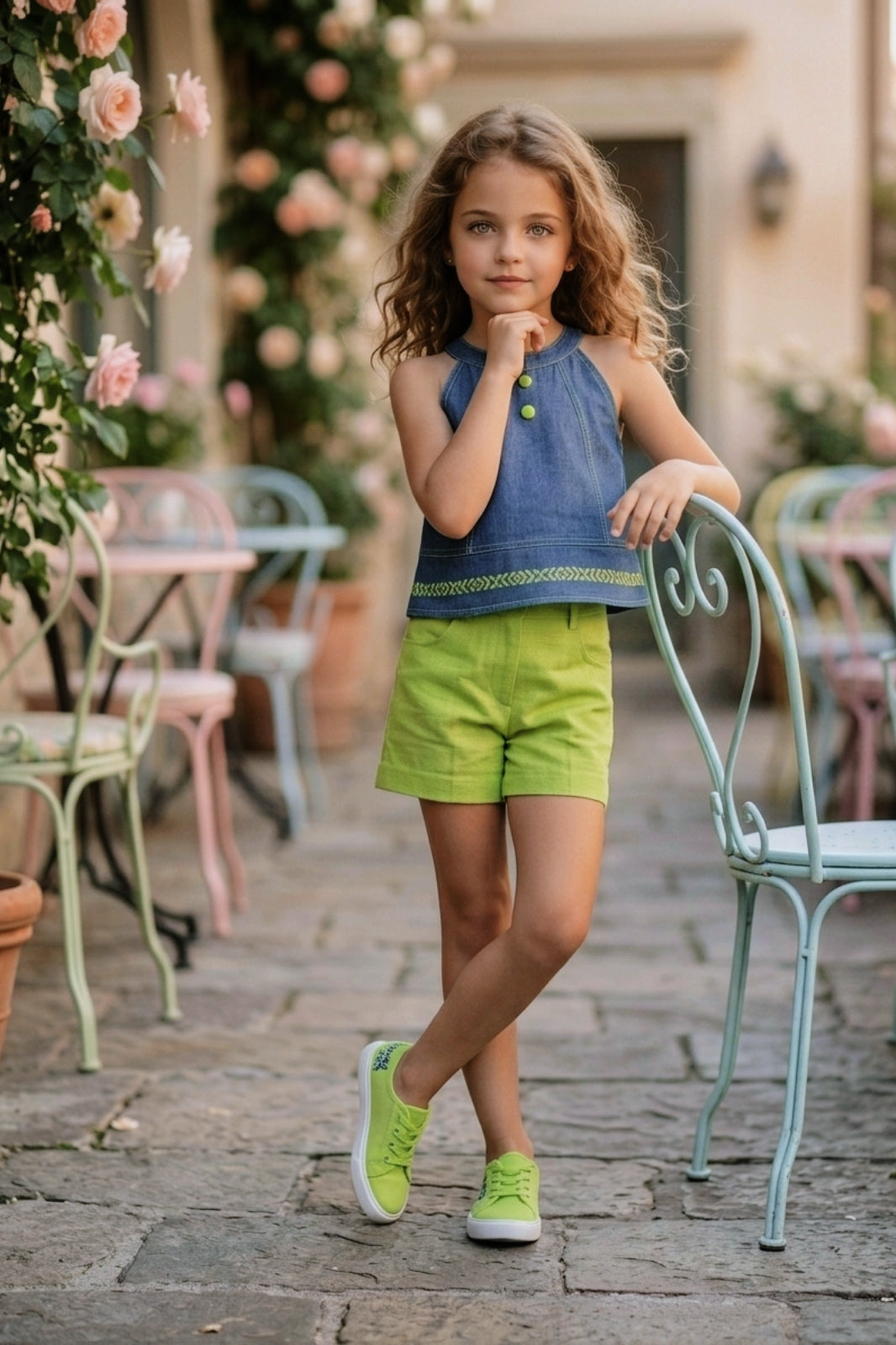 Girls Sleevelss Denim Top & Green Shorts Set