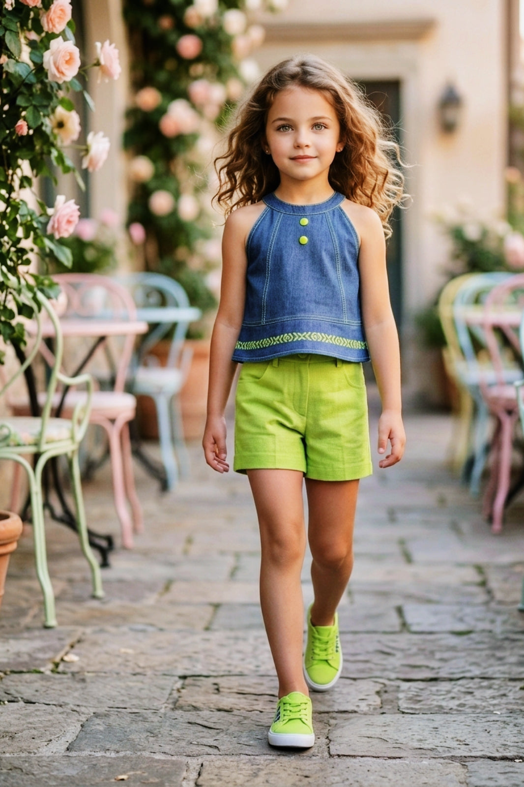 Girls Sleevelss Denim Top & Green Shorts Set