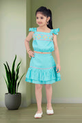Girls Blue 2-Piece Skirt Set with Ruffled Flutter Sleeves and Embroidery