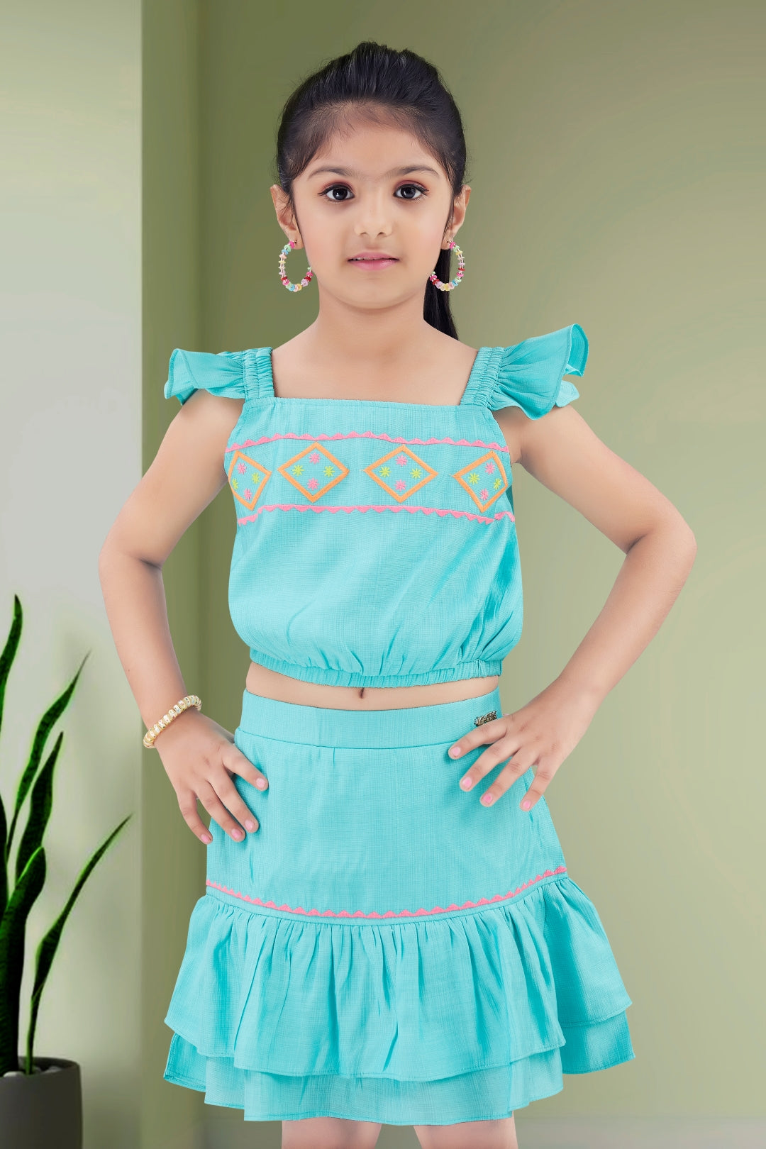Girls Blue 2-Piece Skirt Set with Ruffled Flutter Sleeves and Embroidery