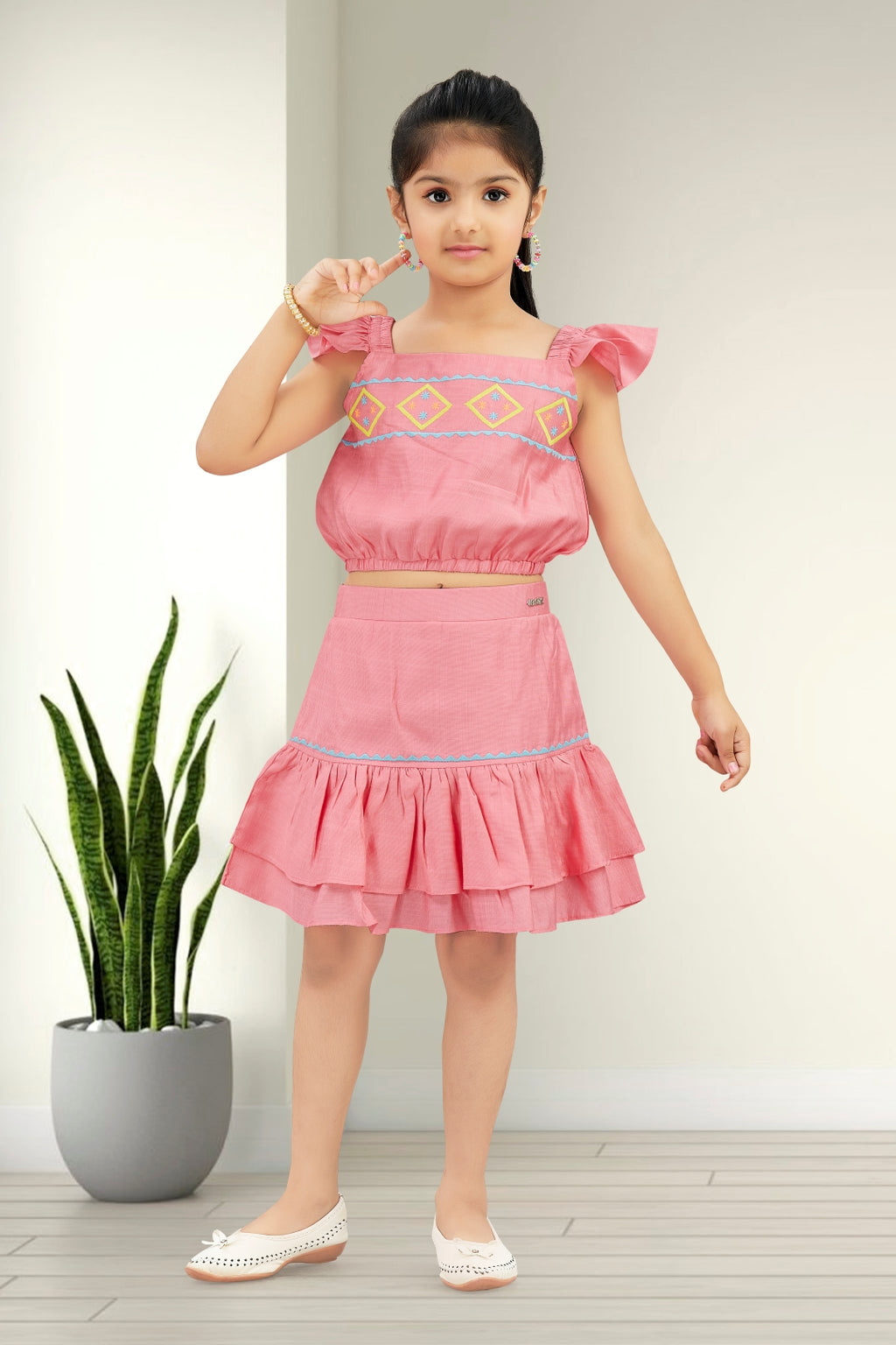 Girls Yellow 2-Piece Skirt Set with Ruffled Flutter Sleeves and Embroidery