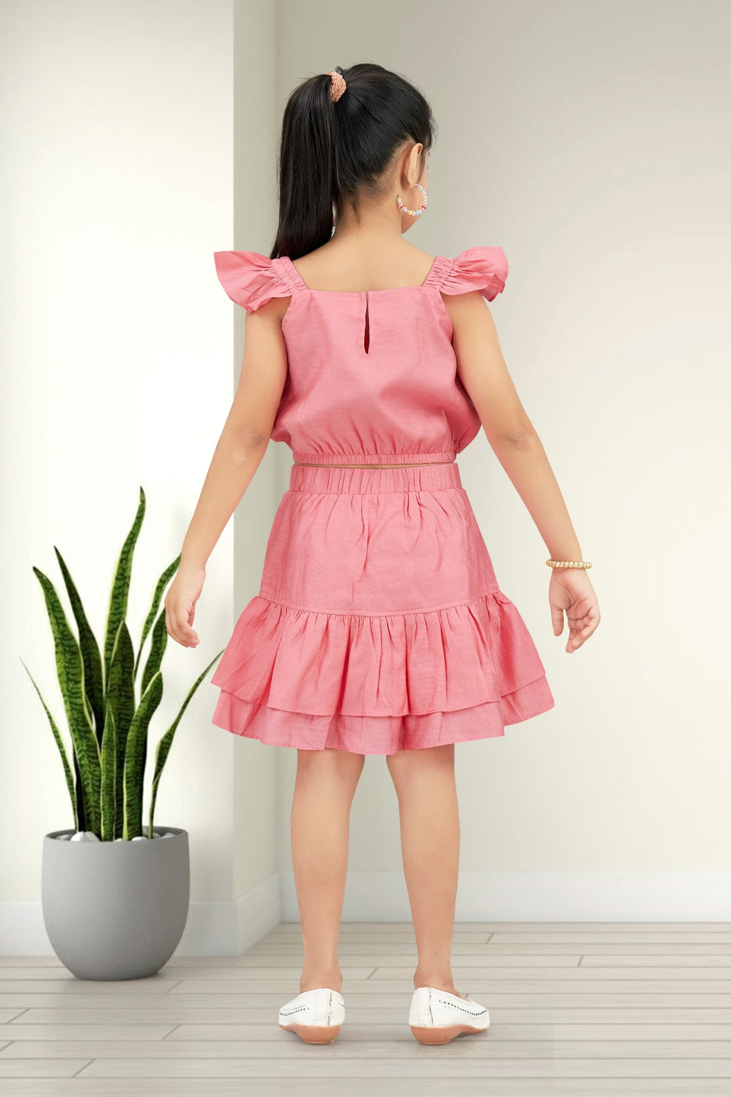 Girls Yellow 2-Piece Skirt Set with Ruffled Flutter Sleeves and Embroidery