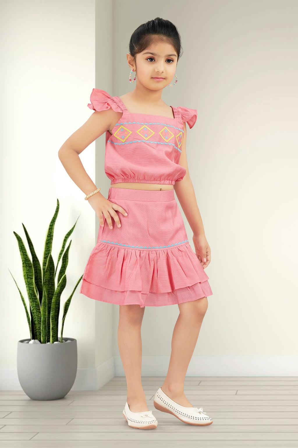 Girls Yellow 2-Piece Skirt Set with Ruffled Flutter Sleeves and Embroidery