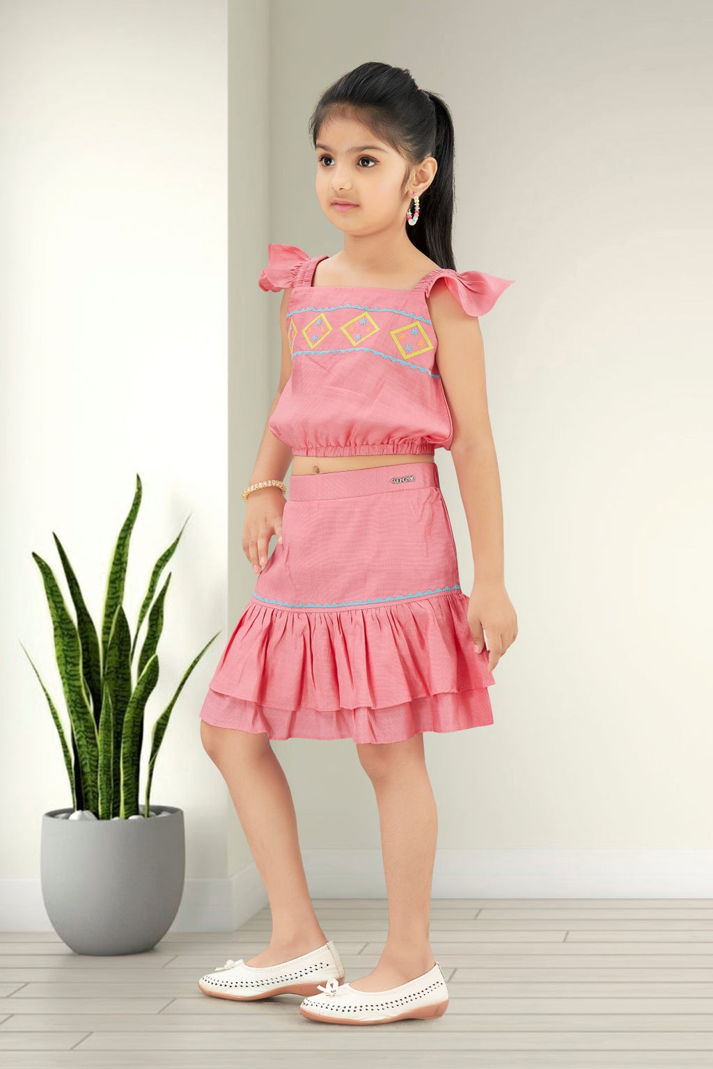 Girls Yellow 2-Piece Skirt Set with Ruffled Flutter Sleeves and Embroidery