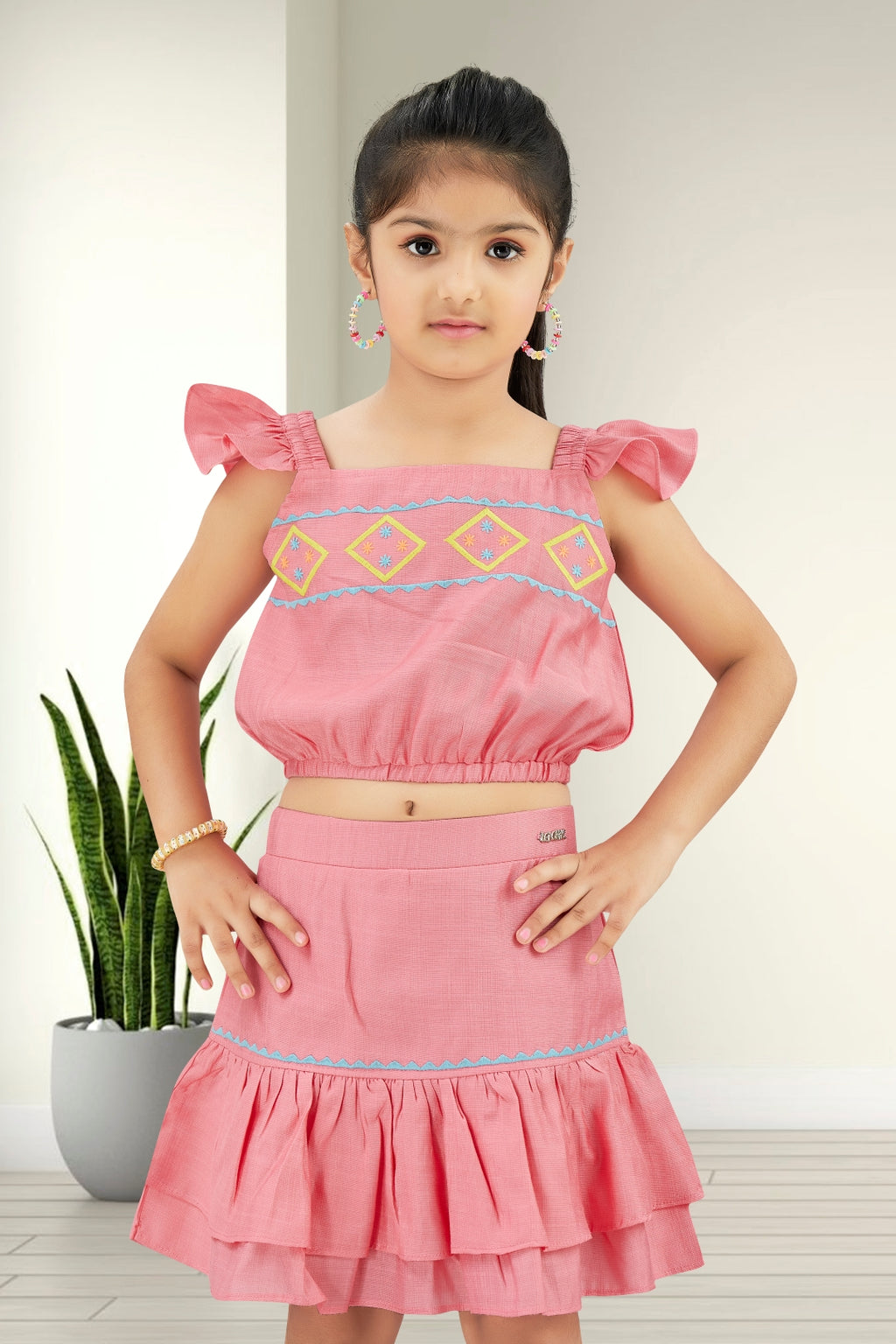 Girls Yellow 2-Piece Skirt Set with Ruffled Flutter Sleeves and Embroidery