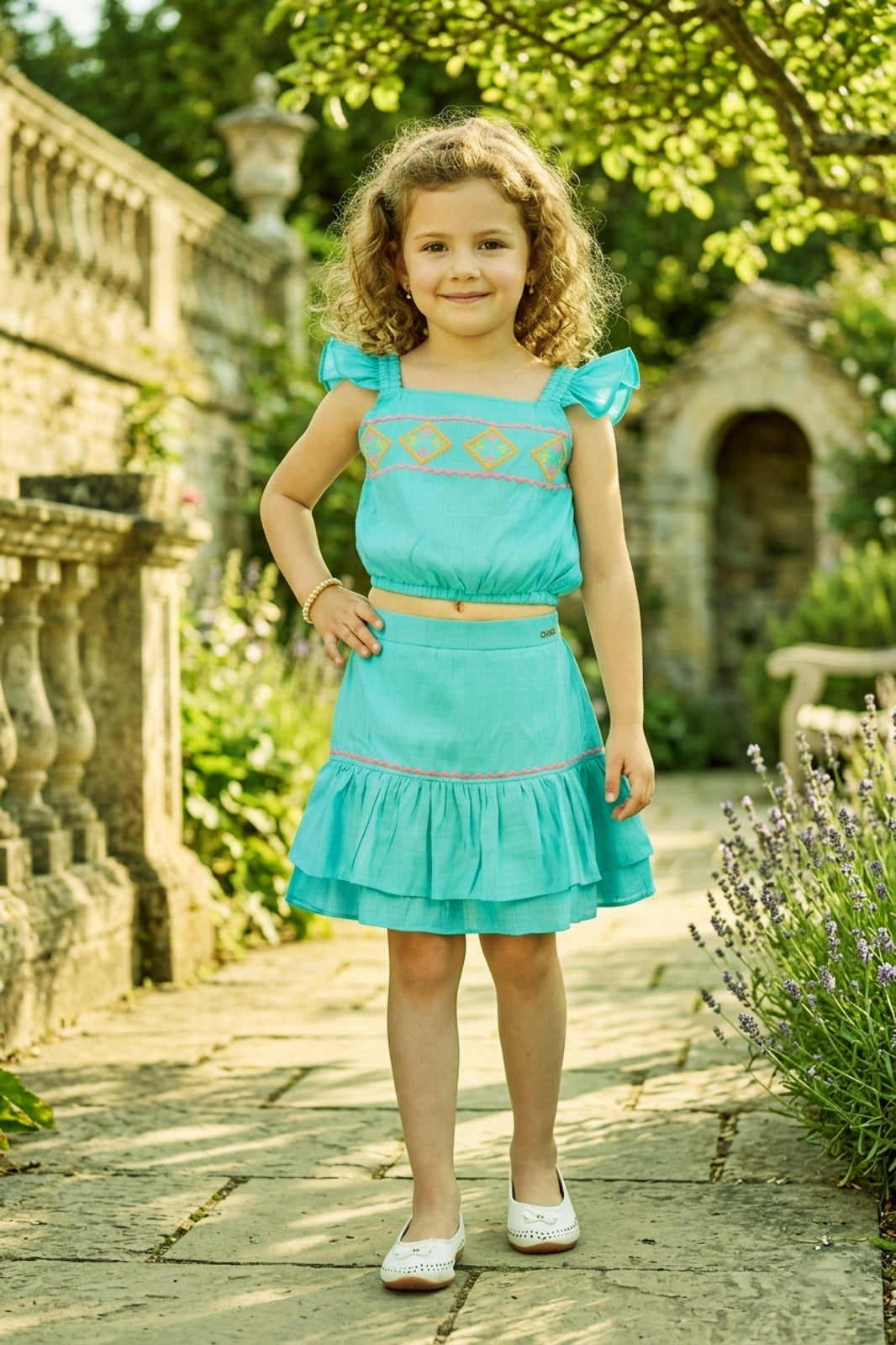 Girls Blue 2-Piece Skirt Set with Ruffled Flutter Sleeves and Embroidery