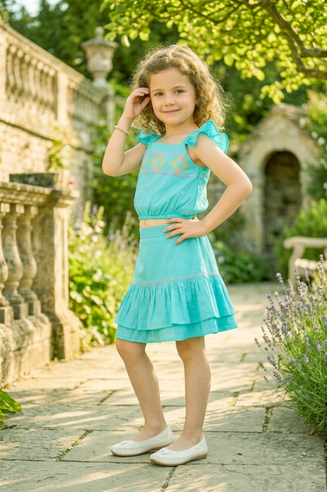 Girls Blue 2-Piece Skirt Set with Ruffled Flutter Sleeves and Embroidery