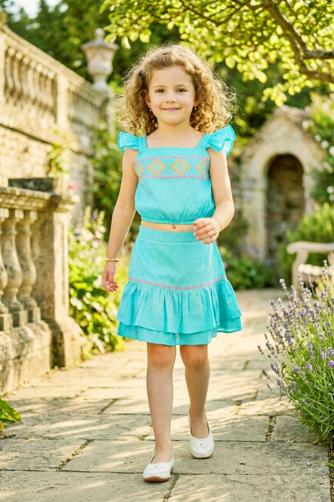 Girls Blue 2-Piece Skirt Set with Ruffled Flutter Sleeves and Embroidery