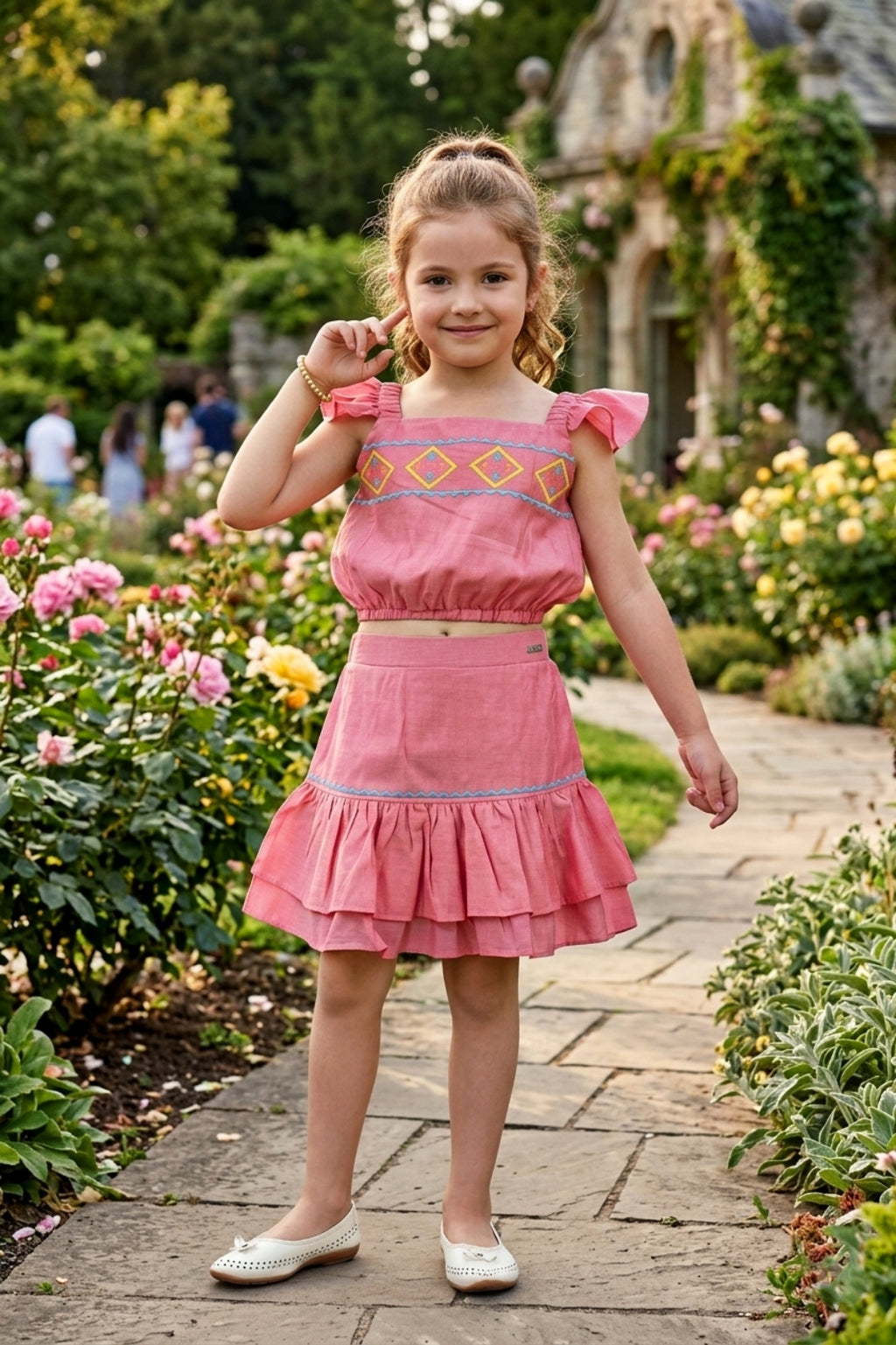 Girls Yellow 2-Piece Skirt Set with Ruffled Flutter Sleeves and Embroidery