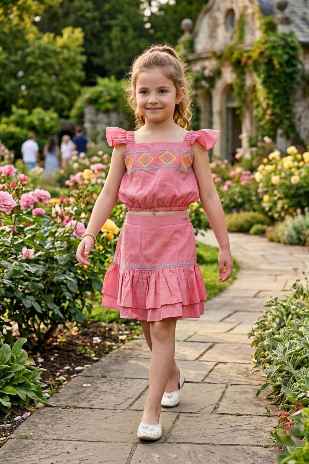 Girls Yellow 2-Piece Skirt Set with Ruffled Flutter Sleeves and Embroidery