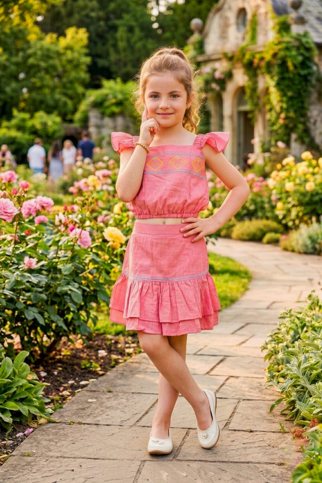 Girls Yellow 2-Piece Skirt Set with Ruffled Flutter Sleeves and Embroidery
