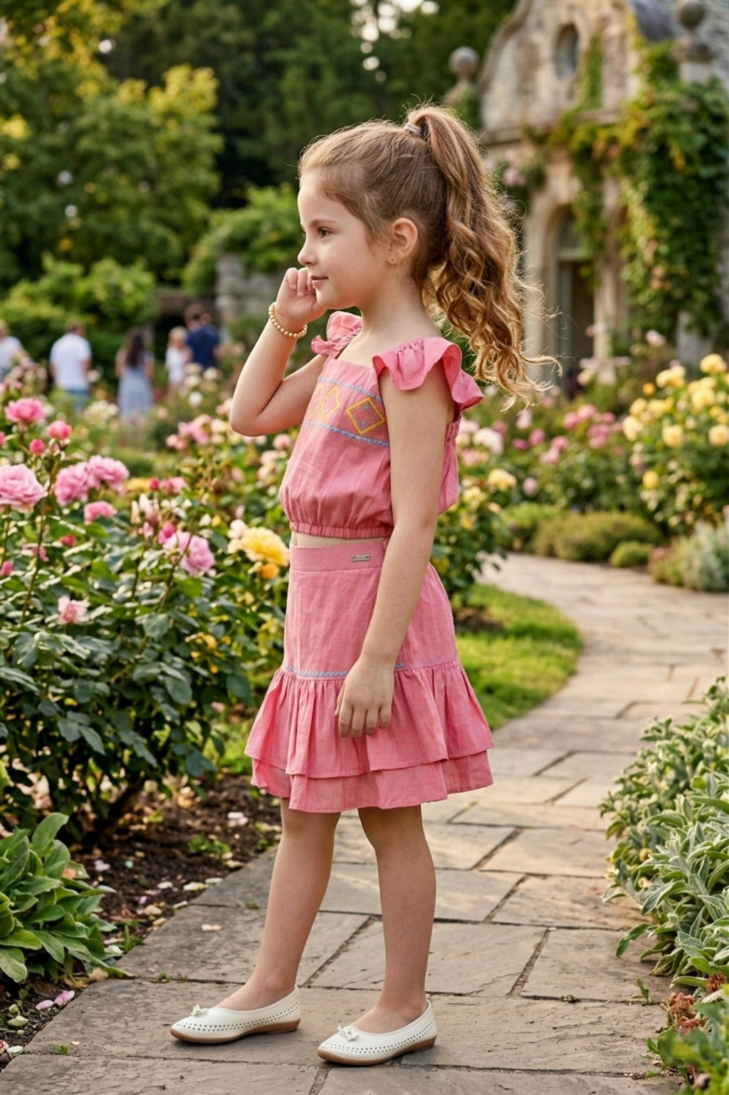 Girls Yellow 2-Piece Skirt Set with Ruffled Flutter Sleeves and Embroidery