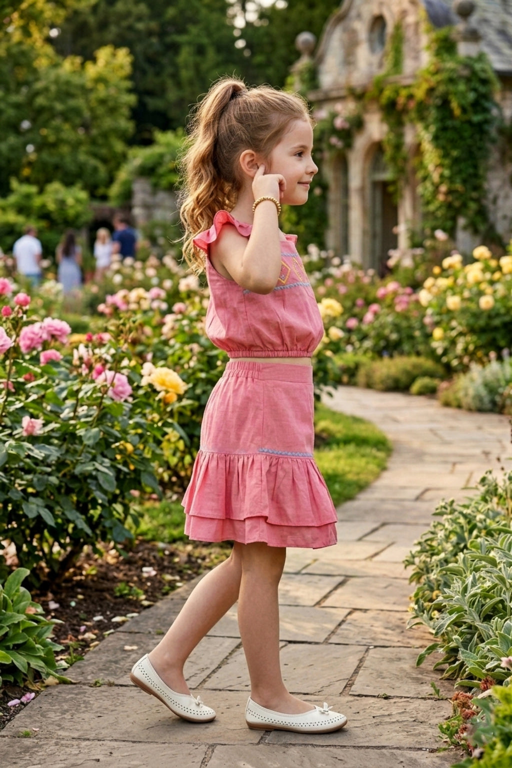 Girls Yellow 2-Piece Skirt Set with Ruffled Flutter Sleeves and Embroidery