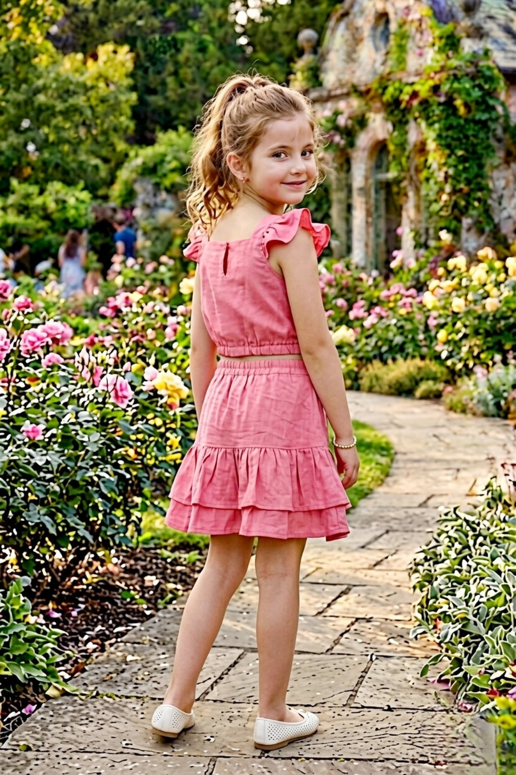 Girls Yellow 2-Piece Skirt Set with Ruffled Flutter Sleeves and Embroidery