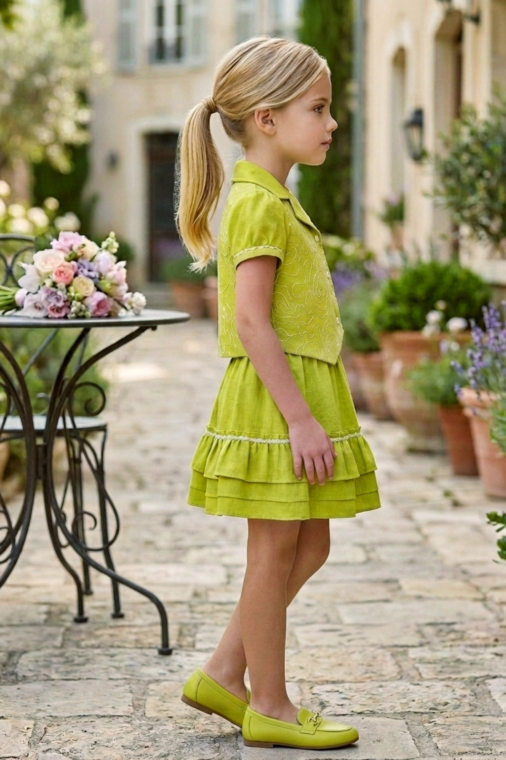 Girls Green 2-Piece Skirt Set – Embroidered Top & Skirt (Ages 1-9)