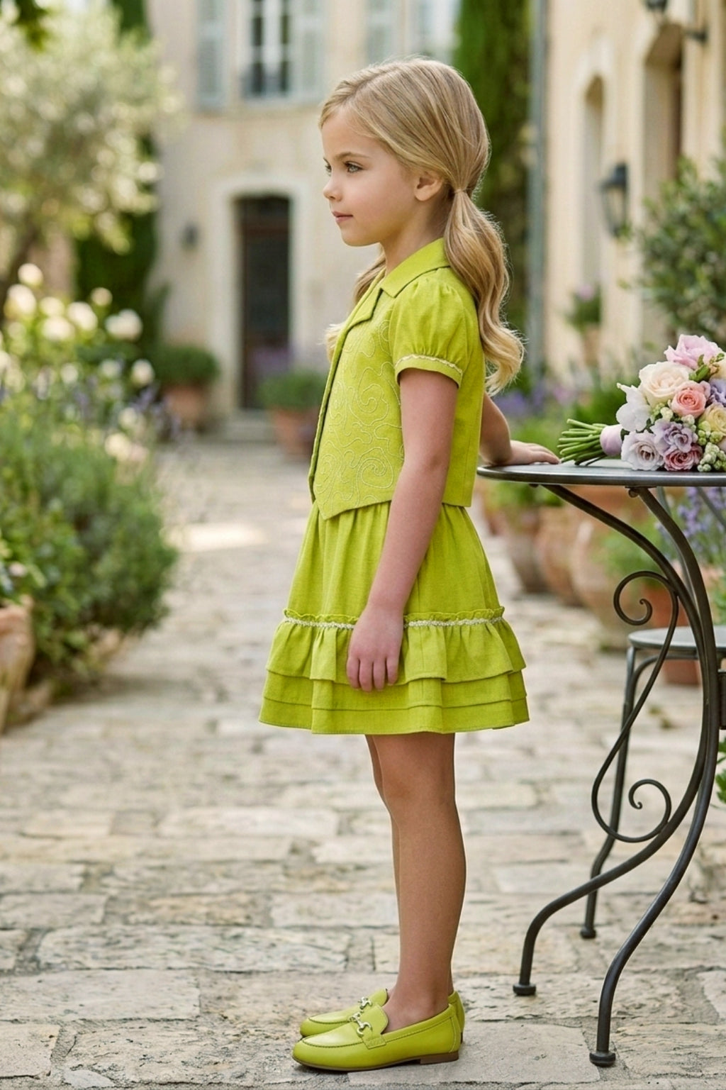 Girls Green 2-Piece Skirt Set – Embroidered Top & Skirt (Ages 1-9)