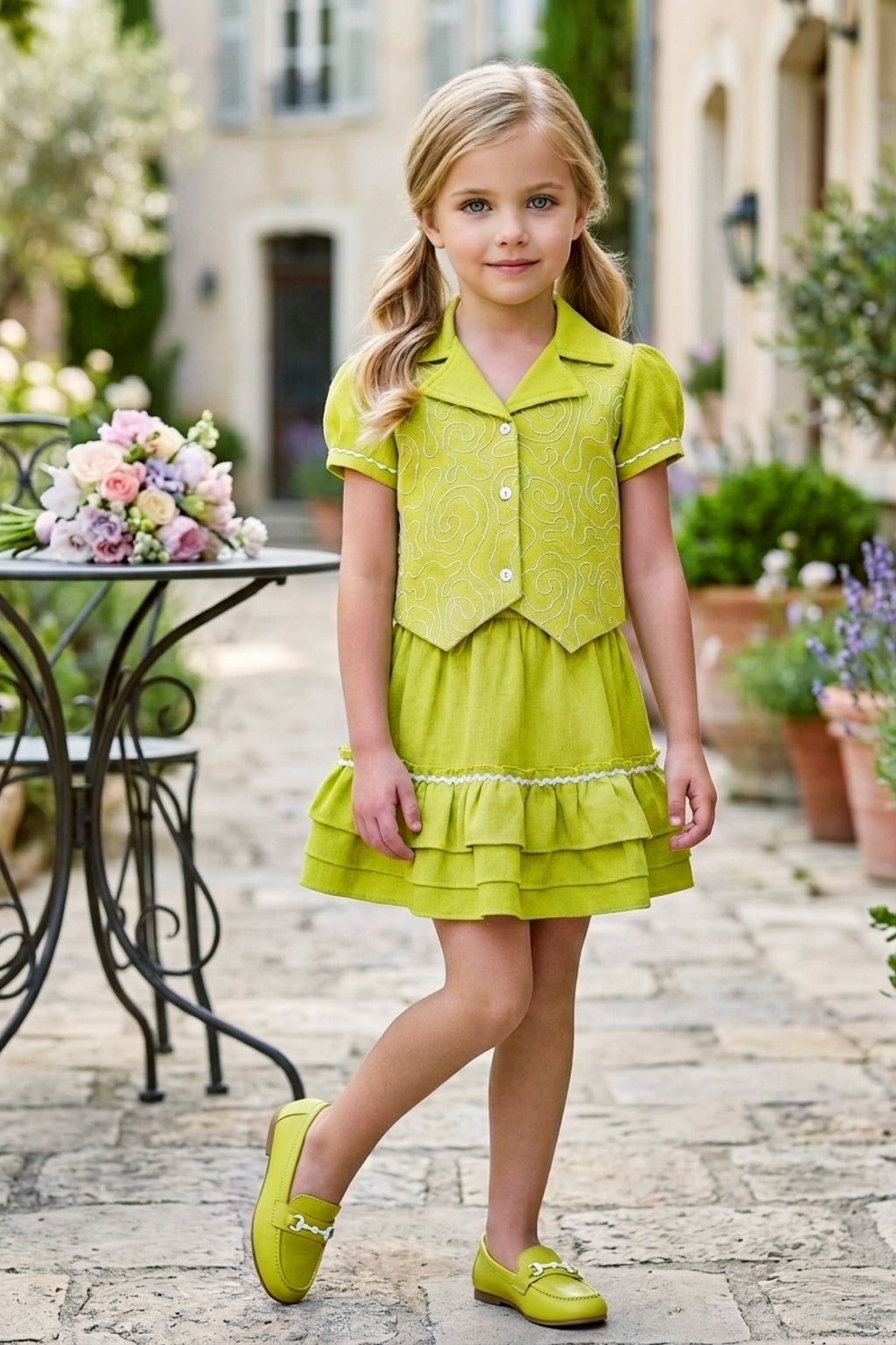 Girls Green 2-Piece Skirt Set – Embroidered Top & Skirt (Ages 1-9)